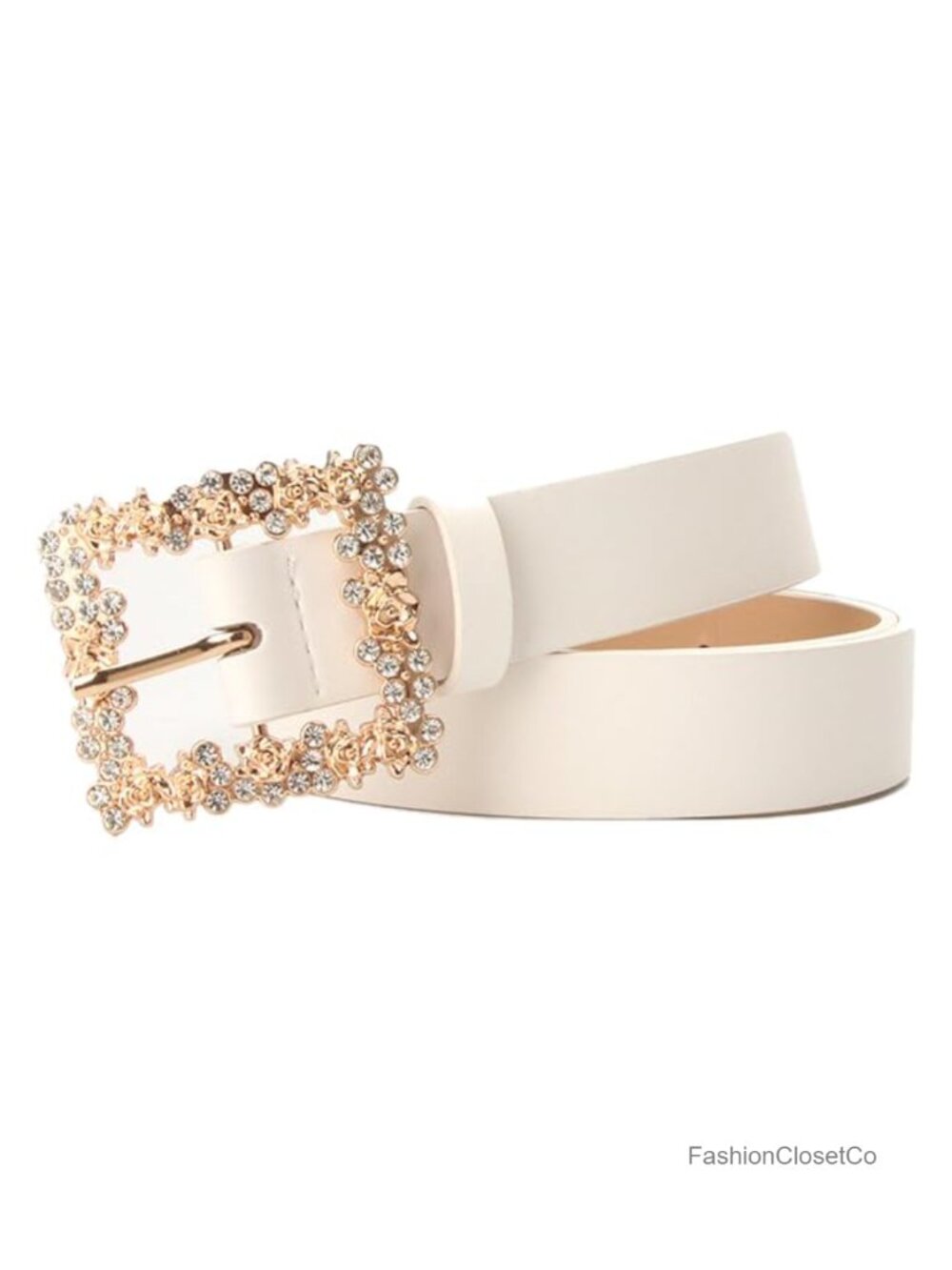 Rhinestone Faux Leather Belt Gold Rose Square Buckle Adjustable 105cm